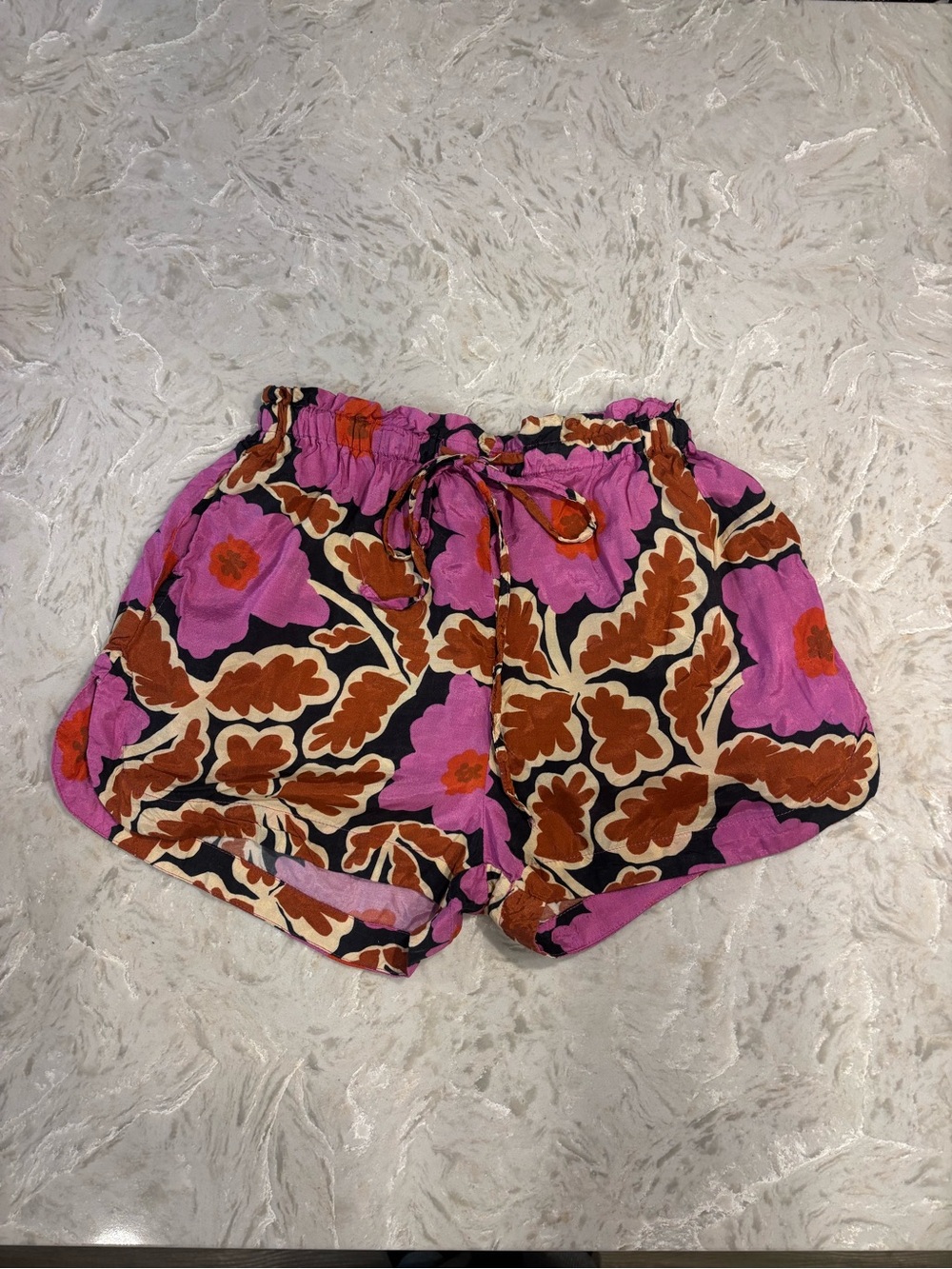 FRNCH Pink Floral Drawstring Shorts with Brown Accents